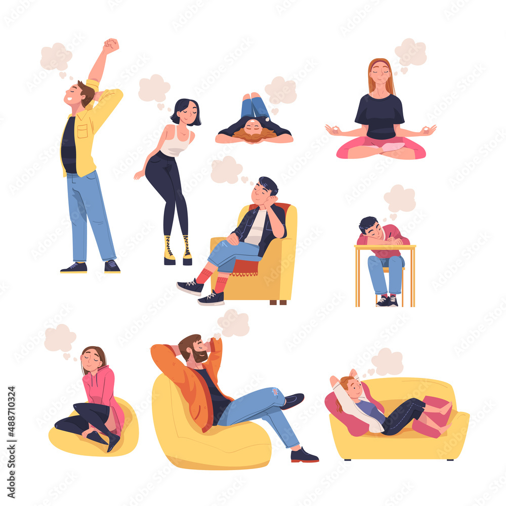 Fototapeta premium People Character Dreaming Imagining and Fantasizing Having Spontaneous Thought Vector Set
