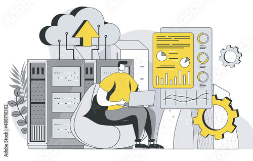 Data center technology concept with outline people scene. Man engineer maintains server room and controls performance of hardware on dashboard. Vector illustration in flat line design for web template