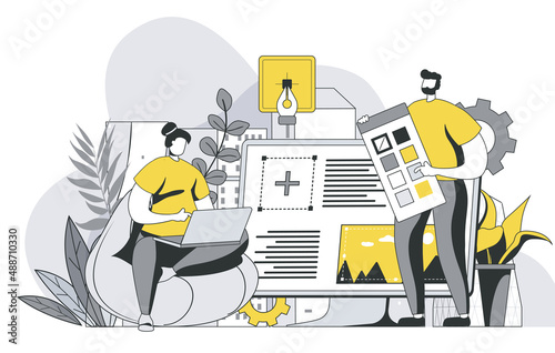 Designers agency concept with outline people scene. Man and woman working on project, creating graphics content and elements for site layout. Vector illustration in flat line design for web template