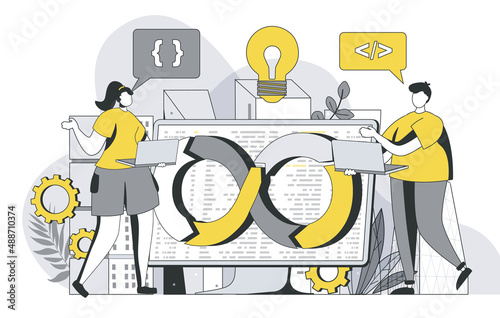 DevOps engineers team concept with outline people scene. Man and woman work together, programmers communicate, brainstorm and set up processes. Vector illustration in flat line design for web template