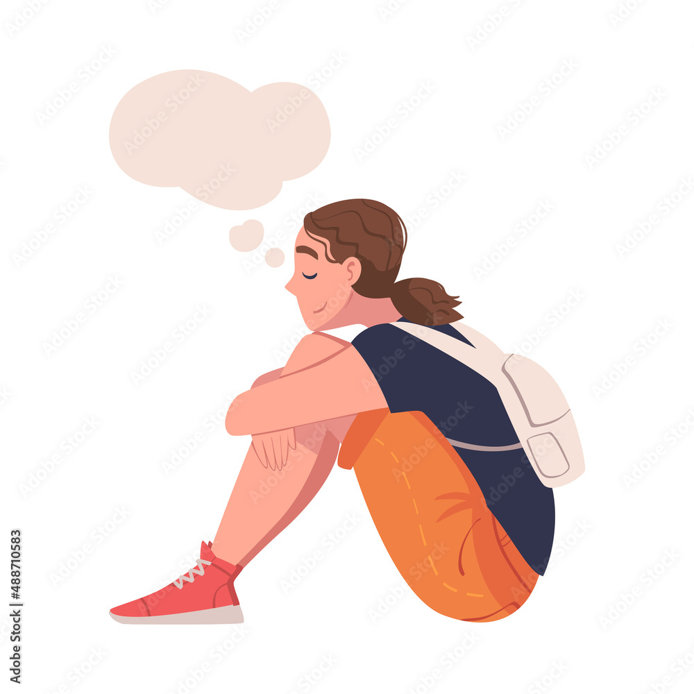 Woman Character Dreaming Imagining and Fantasizing Having Spontaneous Thought in Bubble Sitting with Bended Legs Vector Illustration Woman Character Dreaming Imagining and Fantasizing Having Spontaneous Thought in Bubble Sitting with Bended Legs Vector Illustration