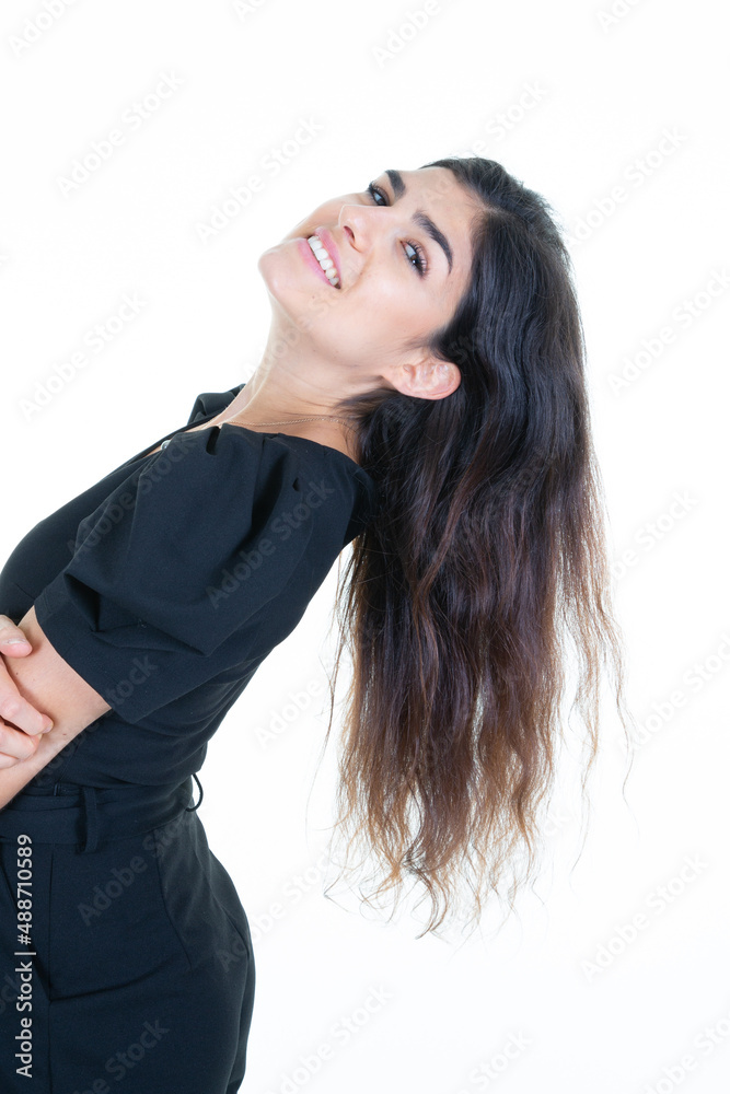 side profile portrait of young beautiful brunette woman on white background side profile portrait of young beautiful brunette woman on white background