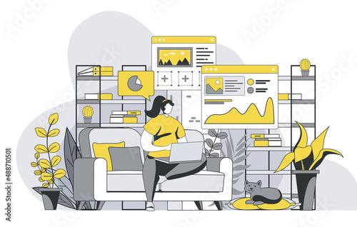 Freelance work concept with outline people scene. Woman designer working on laptop online. Freelancer manager analyzing data sitting at home. Vector illustration in flat line design for web template