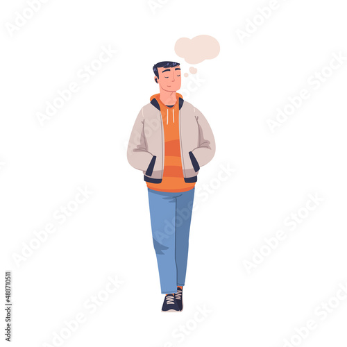 Man Character Dreaming Imagining and Fantasizing Having Spontaneous Thought in Bubble Walking with Hands in Pocket Vector Illustration