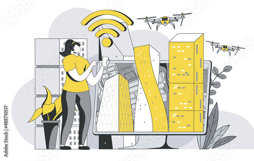 Futuristic megalopolis concept with outline people scene. Smart city with modern infrastructure, wireless technologies and flying drones. Vector illustration in flat line design for web template