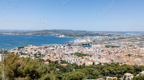 Fototapeta Naklejka Na Ścianę i Meble -  Sete top view city aerial panorama of port town in Herault in Occitanie France