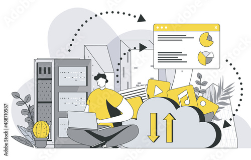 Hosting provider concept with outline people scene. Man works in technical support of Internet provider, maintains work, monitors and tests. Vector illustration in flat line design for web template
