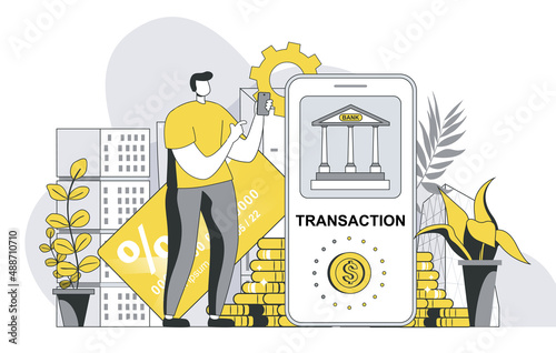 Mobile banking concept with outline people scene. Man makes online payment and financial transactions using personal account in mobile app. Vector illustration in flat line design for web template