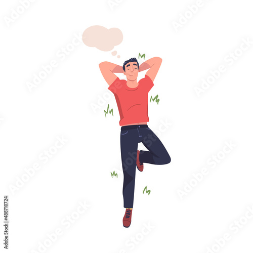 Man Character Dreaming Imagining and Fantasizing Having Spontaneous Thought in Bubble Lying on Grass Above View Vector Illustration