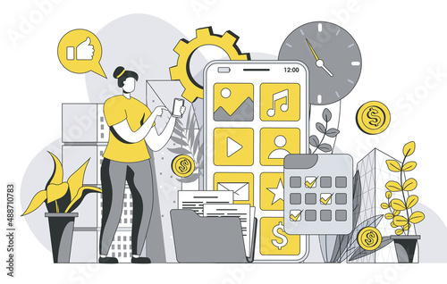 Mobile organizer concept with outline people scene. Woman organizes time and tasks in application, marks meetings on calendar, manages files. Vector illustration in flat line design for web template