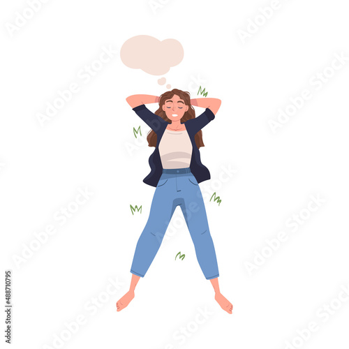 Woman Character Dreaming Imagining and Fantasizing Having Spontaneous Thought in Bubble Lying on Grass Above View Vector Illustration