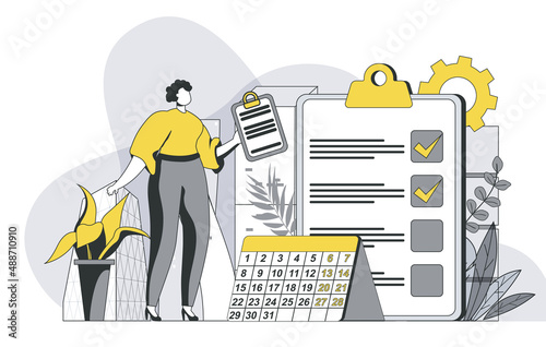 Planning concept with outline people scene. Woman organizes workflow and composes list of tasks, marks dates on calendar, time management. Vector illustration in flat line design for web template