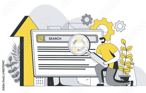 Seo optimization concept with outline people scene. Man settings search and analyzes SEO, promotes and changes position of site in ranking. Vector illustration in flat line design for web template