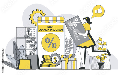 Shop loyalty program concept with outline people scene. Woman receives discount card with cumulative bonuses for regular customer from store. Vector illustration in flat line design for web template photo