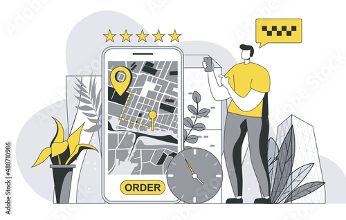 Taxi booking service concept with outline people scene. Man looking for car and orders taxi in mobile application, tracking route on screen. Vector illustration in flat line design for web template