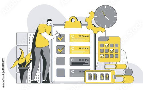 Time management concept with outline people scene. Man creates schedule and to-do list, keeps track of time to complete tasks and marks dates. Vector illustration in flat line design for web template