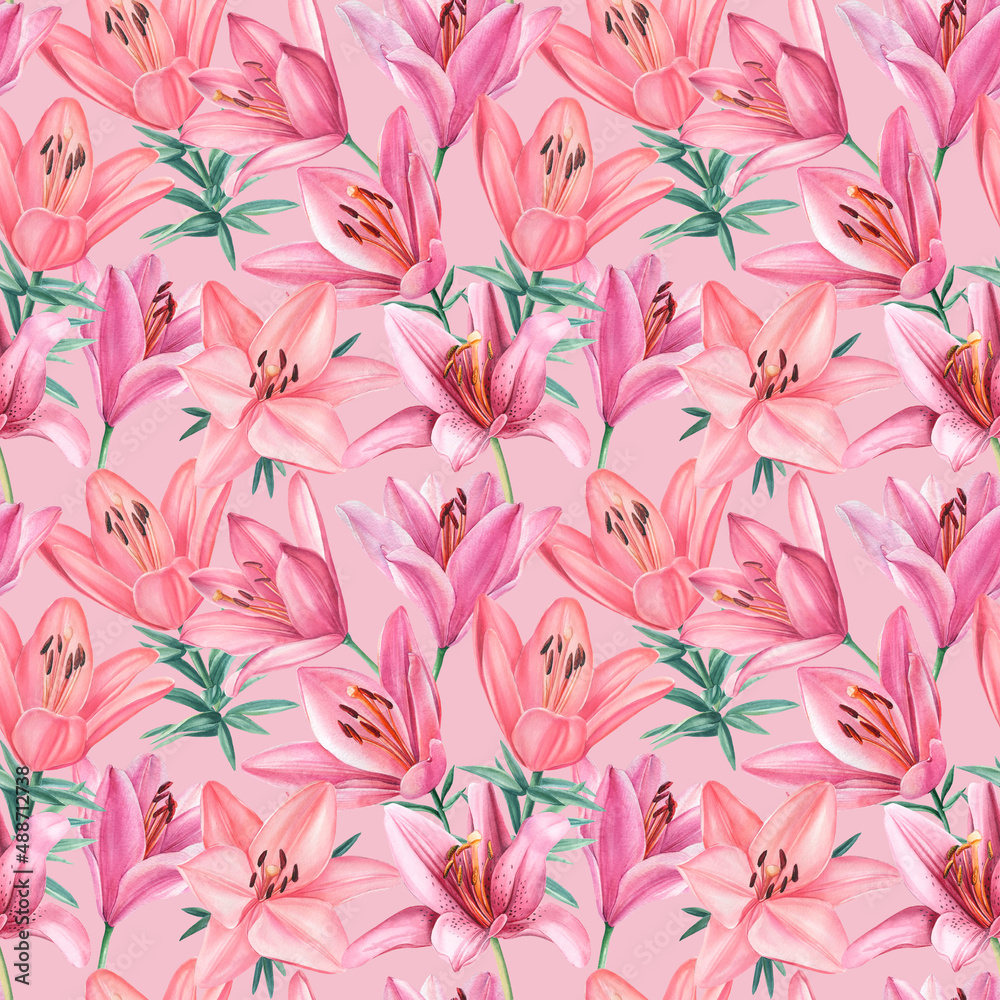 Pink seamless patterns of branches of lilies and leaves on an isolated background. Watercolor flowers