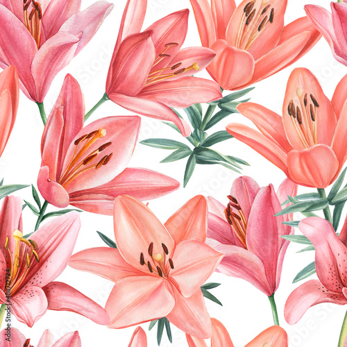 Pink seamless patterns of branches of lilies and leaves on an isolated background. Watercolor flowers