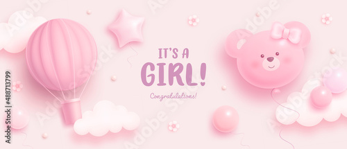Baby shower horizontal banner with cartoon hot air balloon, helium balloons and flowers on pink background. It's a girl. Vector illustration