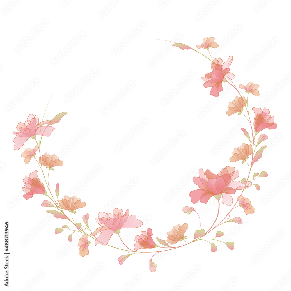 Floral romantic wreath with stylized flowers and leaves in soft pastel color. Hand-drawn template use for decoration wedding invitations and greeting postcards, for design florist shop, posters.