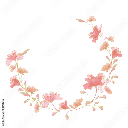 Floral romantic wreath with stylized flowers and leaves in soft pastel color. Hand-drawn template use for decoration wedding invitations and greeting postcards, for design florist shop, posters.