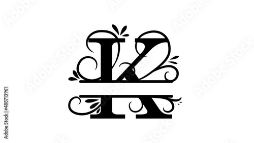 Letter K. Animated logo. Monogram, split letter K. Vintage style, twigs and leaves appear at logo. Letter on transparent background. You can insert logo on any of your videos. Personal logo