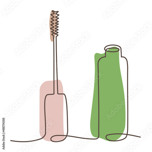 Decorative cosmetics for makeup - Mascara, continuous one line drawing, single line art. Vector