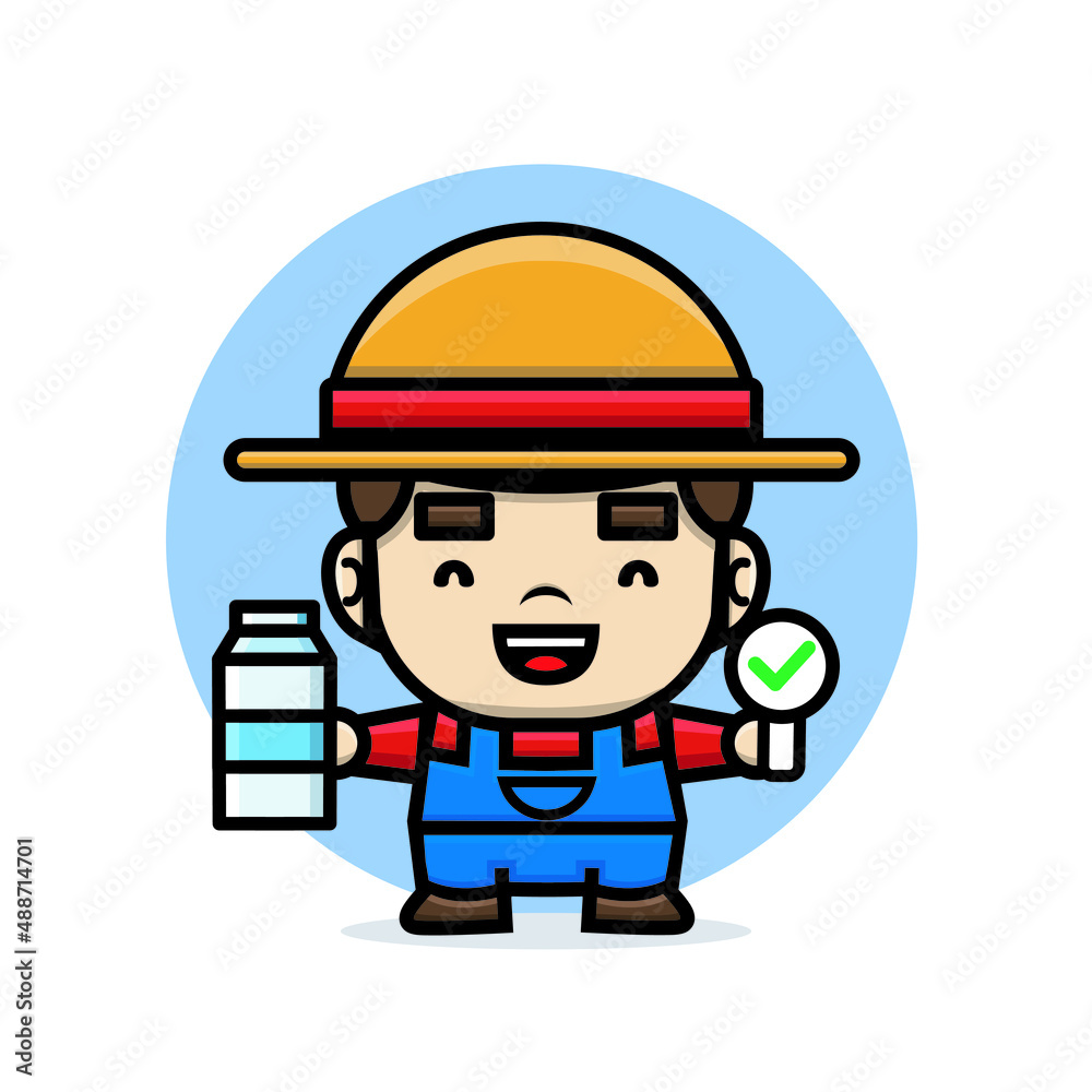 cute characters farmer holding milk and sign check mark cute characters farmer holding milk and sign check mark