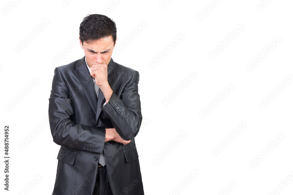 Focused worried man touching chin and thinking Focused worried man touching chin and thinking