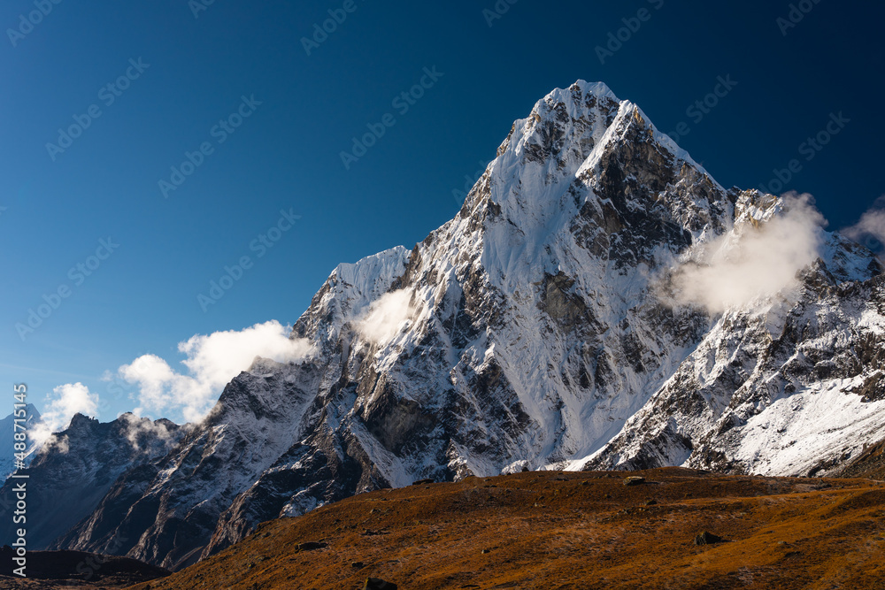 Cholatse mountain peak view from Dzongla village, Himalaya mountains range in Everest base camp trekking route, Nepal