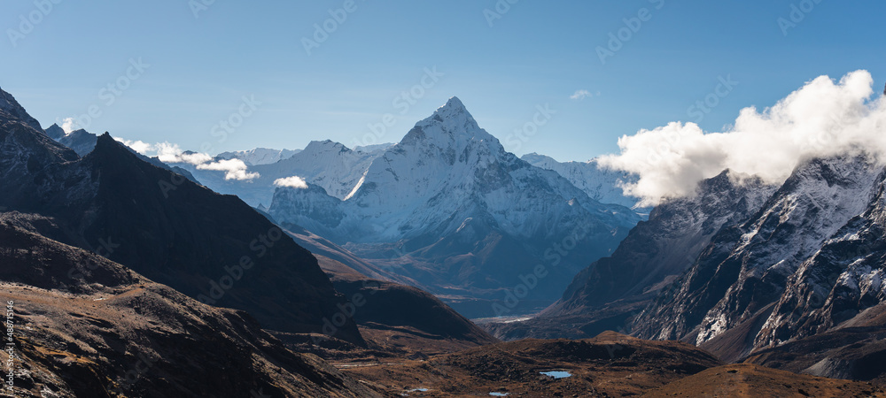 Panoramic landscape of Ama Dablam mountain peak, most famous peak in Everest base camp trekking route, Himalaya mountains range in Nepal