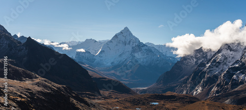 Panoramic landscape of Ama Dablam mountain peak, most famous peak in Everest base camp trekking route, Himalaya mountains range in Nepal © skazzjy