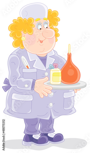 Medical assistant of a doctor with a rubber syringe and a drug for procedure, vector cartoon illustration isolated on a white background