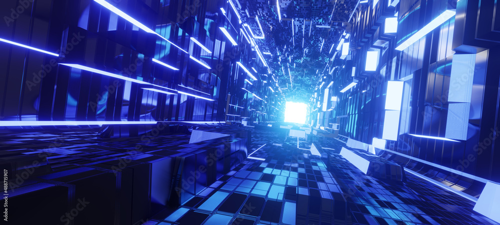 Obraz premium Blue futuristic sci-fi style corridor or shaft background with exit or goal ahead.Abstract cyber or digital speedway concept. 3D illustration, 3D rendering.