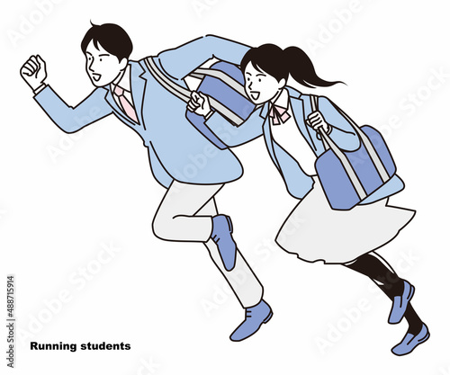 笑顔で駆け出す女子高生と男子高校生のイラスト素材 ベクター 学生 春 新学期 新生活 スタートダッシュ
