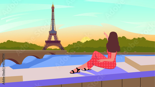 Young girl in red clothes sitting on a bridge and looking at Eiffel Tower. Beautiful landscape with Eiffel Tower and bridge in beautiful colors. Modern flat style vector illustration. 