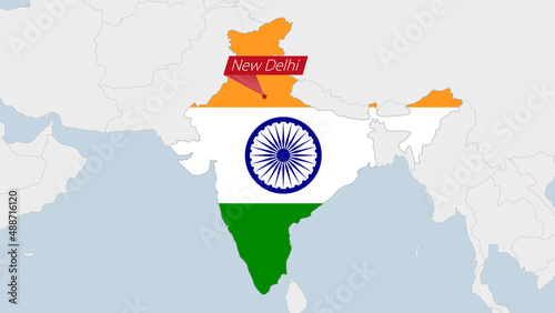 India map highlighted in India flag colors and pin of country capital New Delhi.