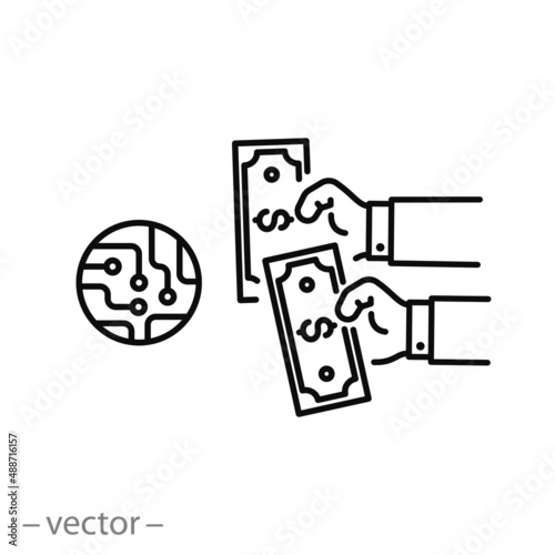 shortage and demand for semiconductor, chip pay price, tech competition, thin line symbol on white background - editable stroke vector illustration
