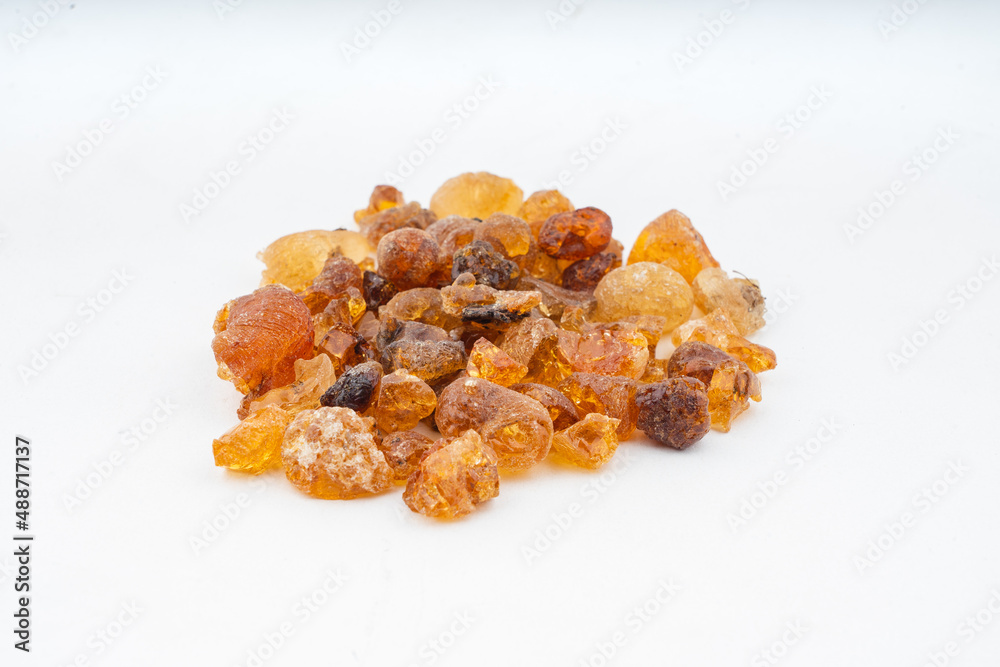 Acacia Gum, Babool Gond, Gum Acacia over isolated white background Acacia Gum, Babool Gond, Gum Acacia over isolated white background