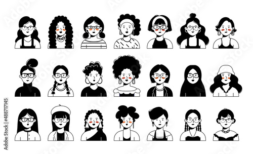 Women faces vector set. Female portrait icons.