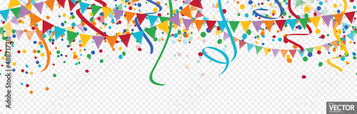 seamless colored confetti, garlands and streamers party background