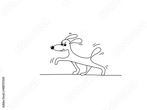 A happy dog walks and wags its tail. Vector linear doodle drawing.