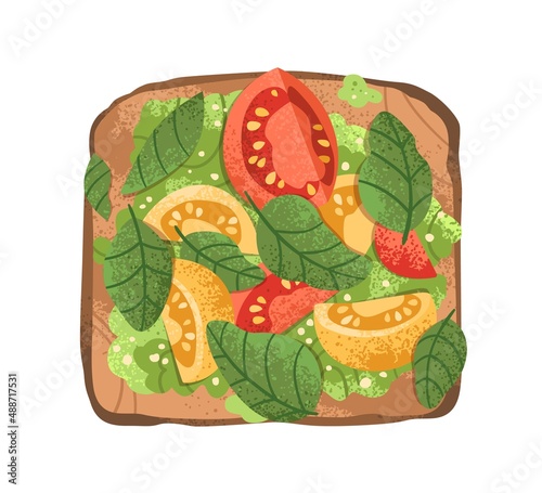 Vegetable toast on grilled bread slice. Open sandwich with fresh cherry tomat...