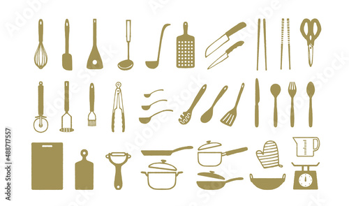 シンプルな調理器具のイラスト 手描き装飾セット キッチン 料理 厨房