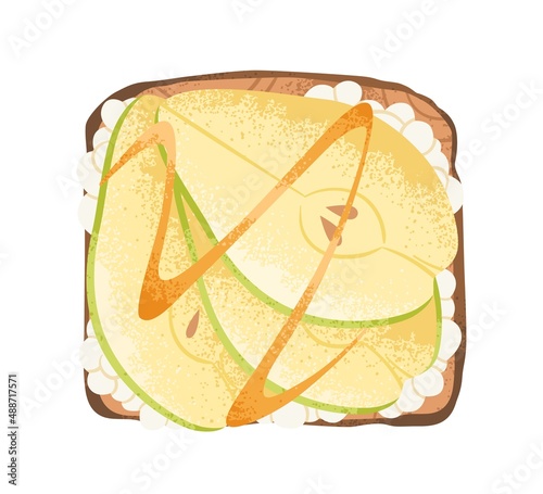 Sweet toast with pear slices, curd and honey topping. Fruit sandwich with cottage cheese. Healthy snack, dessert. Yummy breakfast food, top view. Flat vector illustration isolated on white background