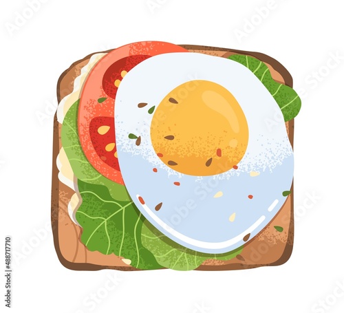 Grilled toast with fried egg, tomato slice, lettuce leaf and cream cheese on ...