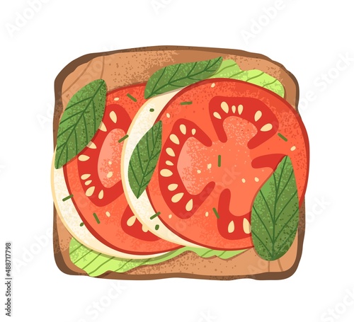 Breakfast toast with tomato, mozzarella, basil and avocado mash. Grilled Italian sandwich with vegetables. Vegetarian snack. Healthy food. Colored flat vector illustration isolated on white background