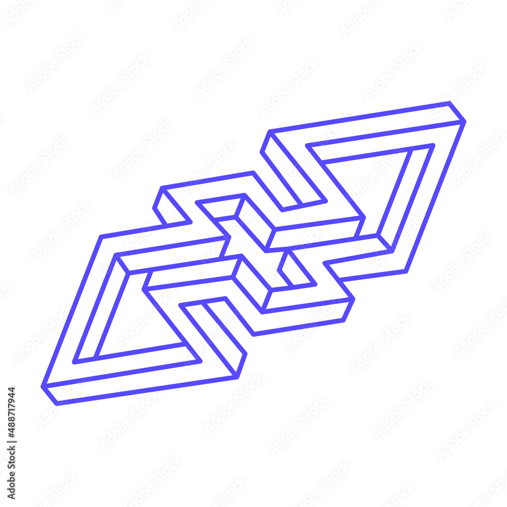 Impossible shape. Sacred geometry figure. Optical illusion. Abstract eternal geometric object. Impossible endless outline. Line art. Optical art tattoo. Impossible geometry shape on a white background