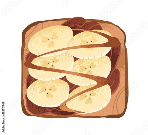Sweet banana and peanut butter toast. Open fruit sandwich with chocolate paste and caramel topping on grilled square bread. Breakfast food. Flat vector illustration isolated on white background
