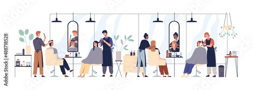 Hairdressers, barbers and customers during hair care, makeover in beauty salon. Hairstylists doing haircuts for people clients, men and women. Flat vector illustration isolated on white background